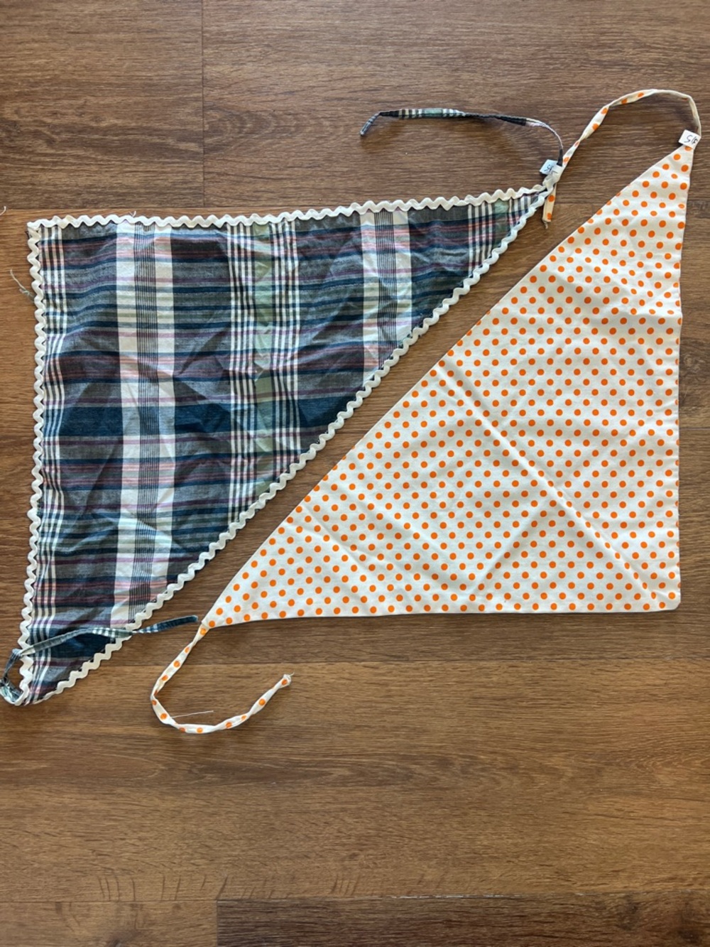 Vintage pair of Reversible Triangle Bandana Scarves — Plaid & Orange Polka Dot